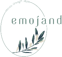 A circular logo with the word 'emojand' in muted green, partial text reading 'beauty. strength.