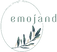 A circular logo with the word 'emojand' in muted green, partial text reading 'beauty. strength.